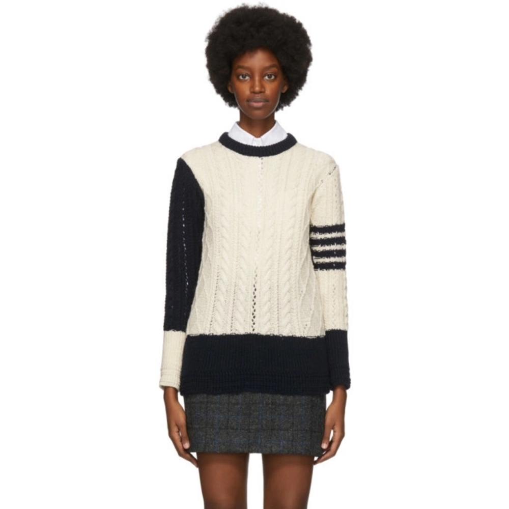Thom Browne Off-White and Navy Wool Aran Cable 4-Bar Sweater